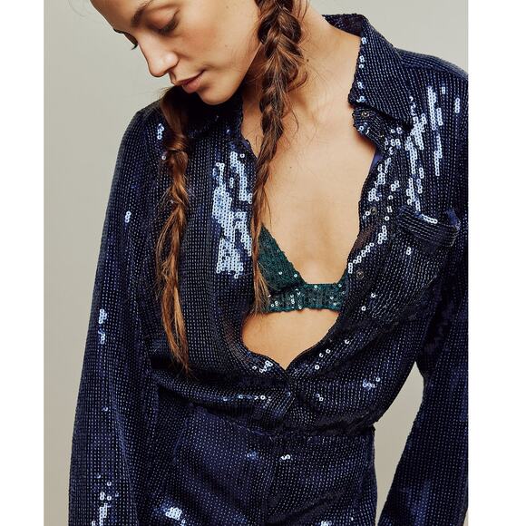 Free People NWT Midnight Navy Sophie Sequin Button Collared A-Line Mini Dress XS - Picture 4 of 9